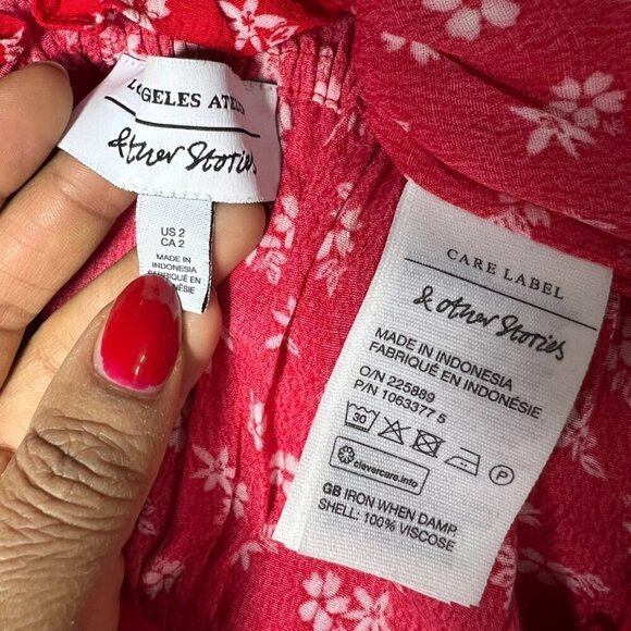 & Other Stories Red Floral Puff Sleeve Milkmaid Maxi Dress Cottagecore Coquette - Picture 12 of 15